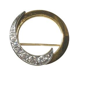 VTG Monet Rhinestone Crescent Mixed Silver Gold Tone Pin Brooch Glass Crystal
